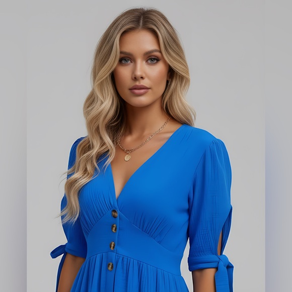 Blue Button Front A-line Cotton Dress - Picture 2 of 6